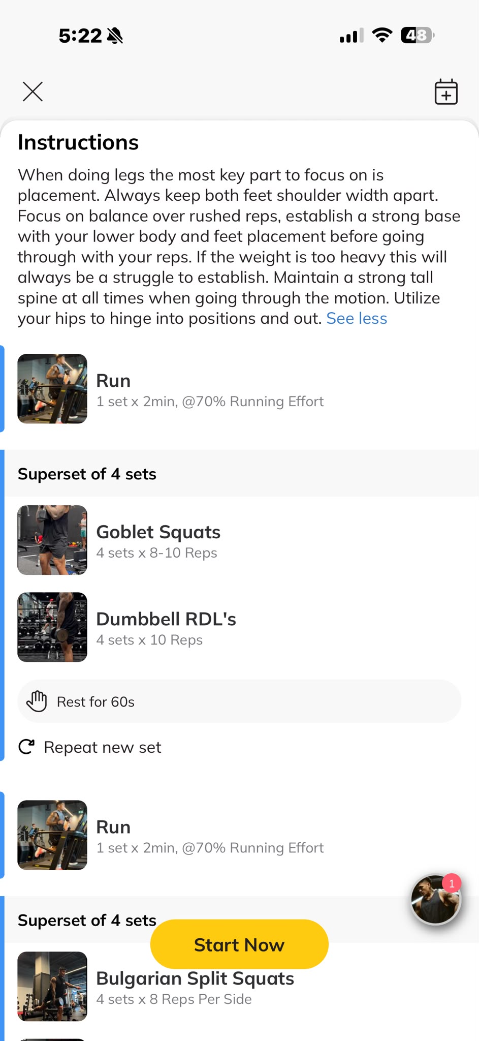 The Glorious coaching app showing exercise demonstrations, sets, reps and rest periods