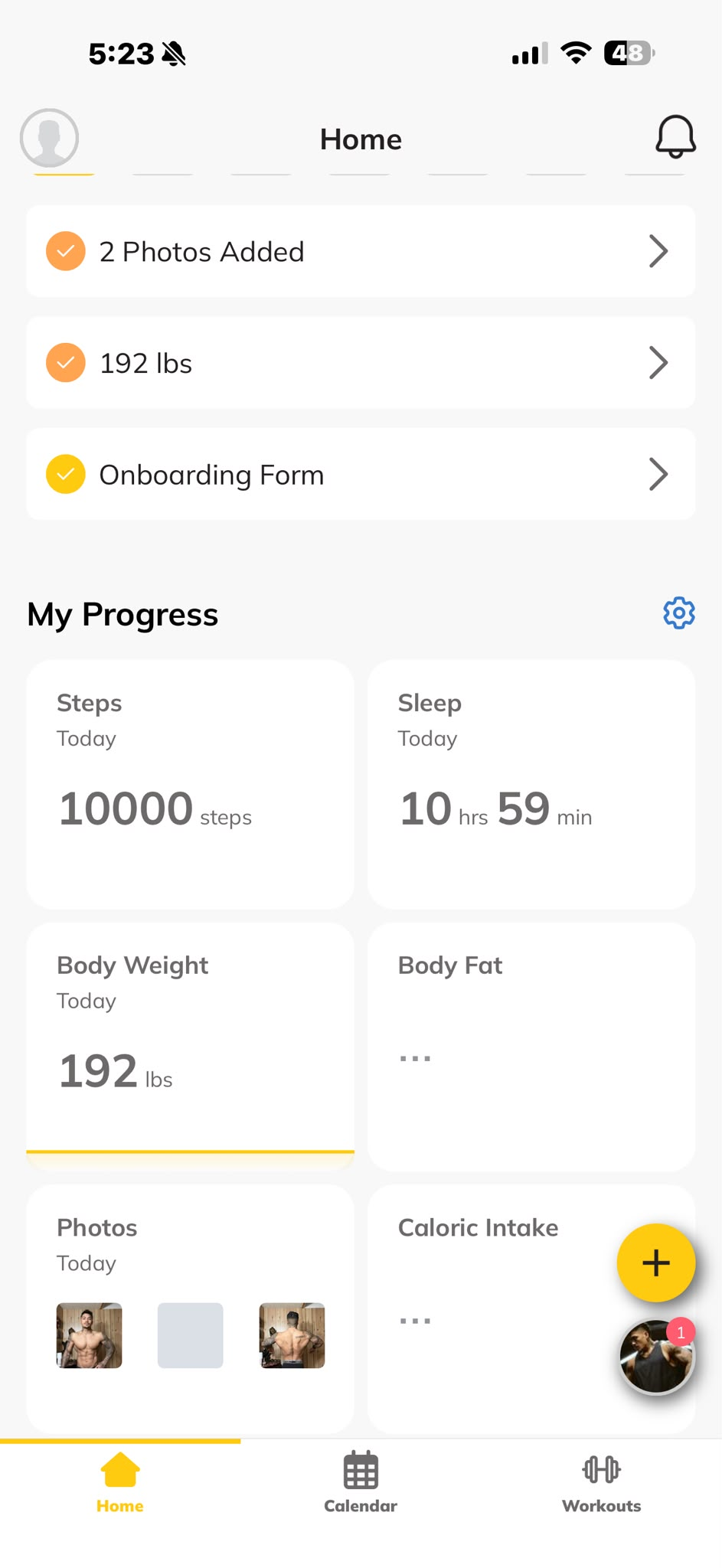 The Glorious coaching app showing daily steps, sleep, body weight and progress photos
