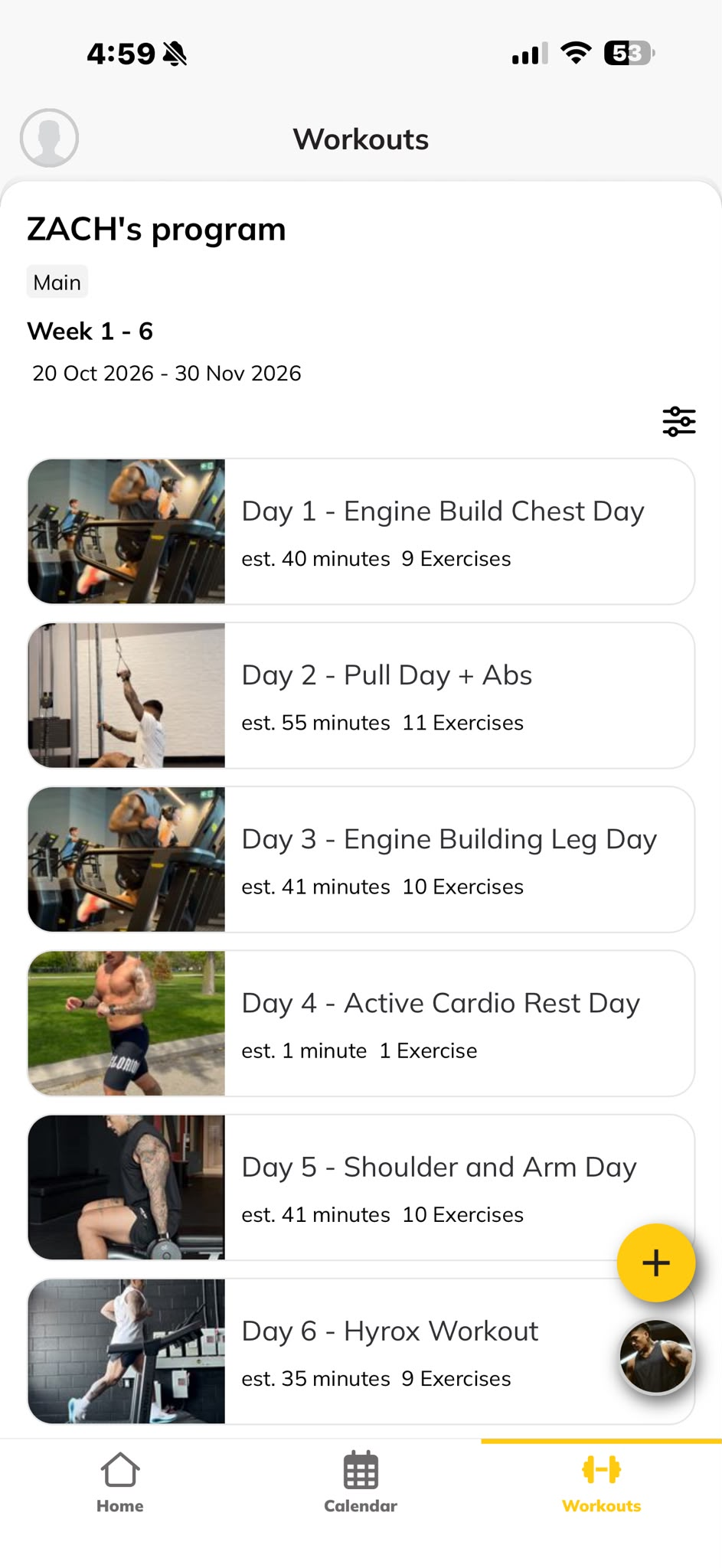 The Glorious coaching app showing a six-week program with six training days